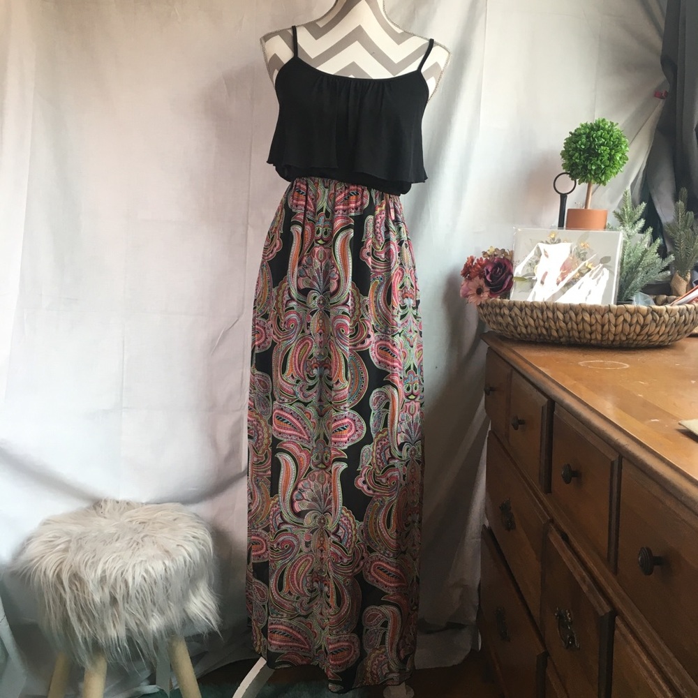 Sweet Storm Women’s Black Pink Paisley Spaghetti Straps Maxi Dress Sz M